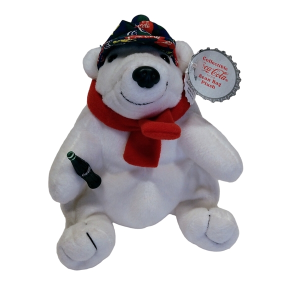 1998 Collectible Coca Cola Bean Bag Plush Polar Bear Checker Cap & Scarf 6". - Picture 5 of 14